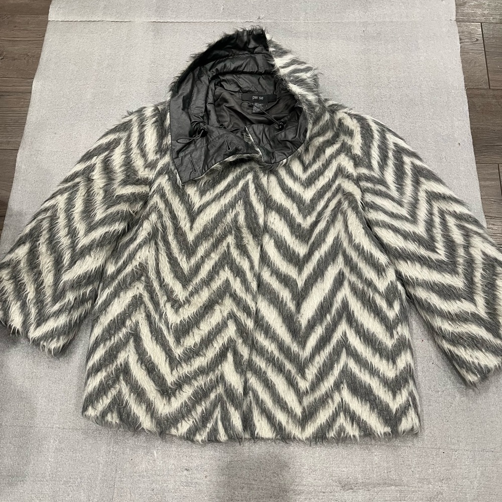 [US8]Per Se Faux Fur Angora Wool Blend Harrington Tweed Gray Short Jacket